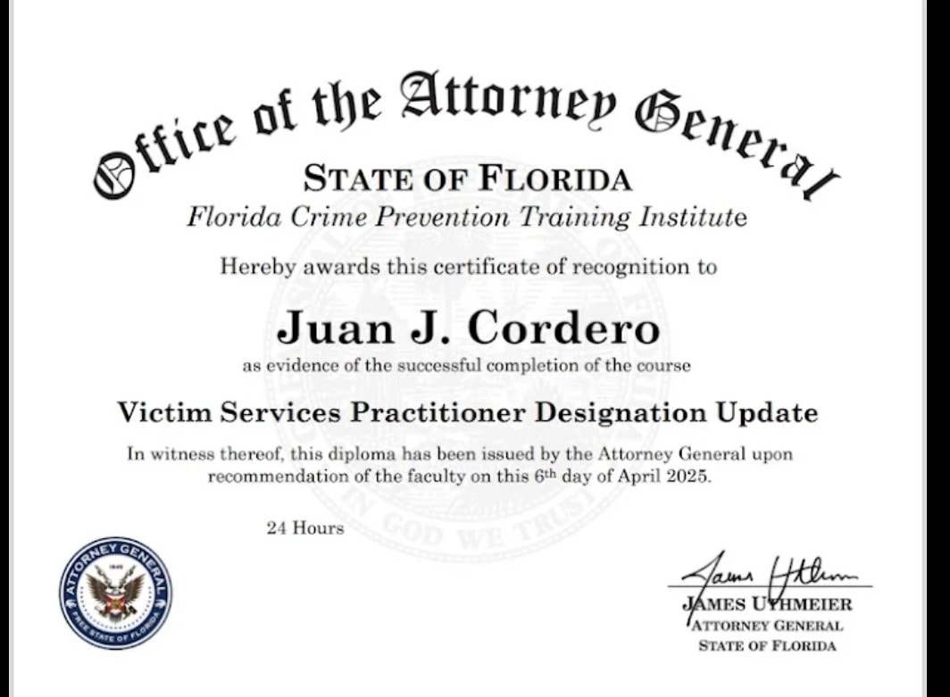 Victim Services Practitioner Designation Update — issued by Florida Crime Prevention Training Institute — Office of the Attorney General