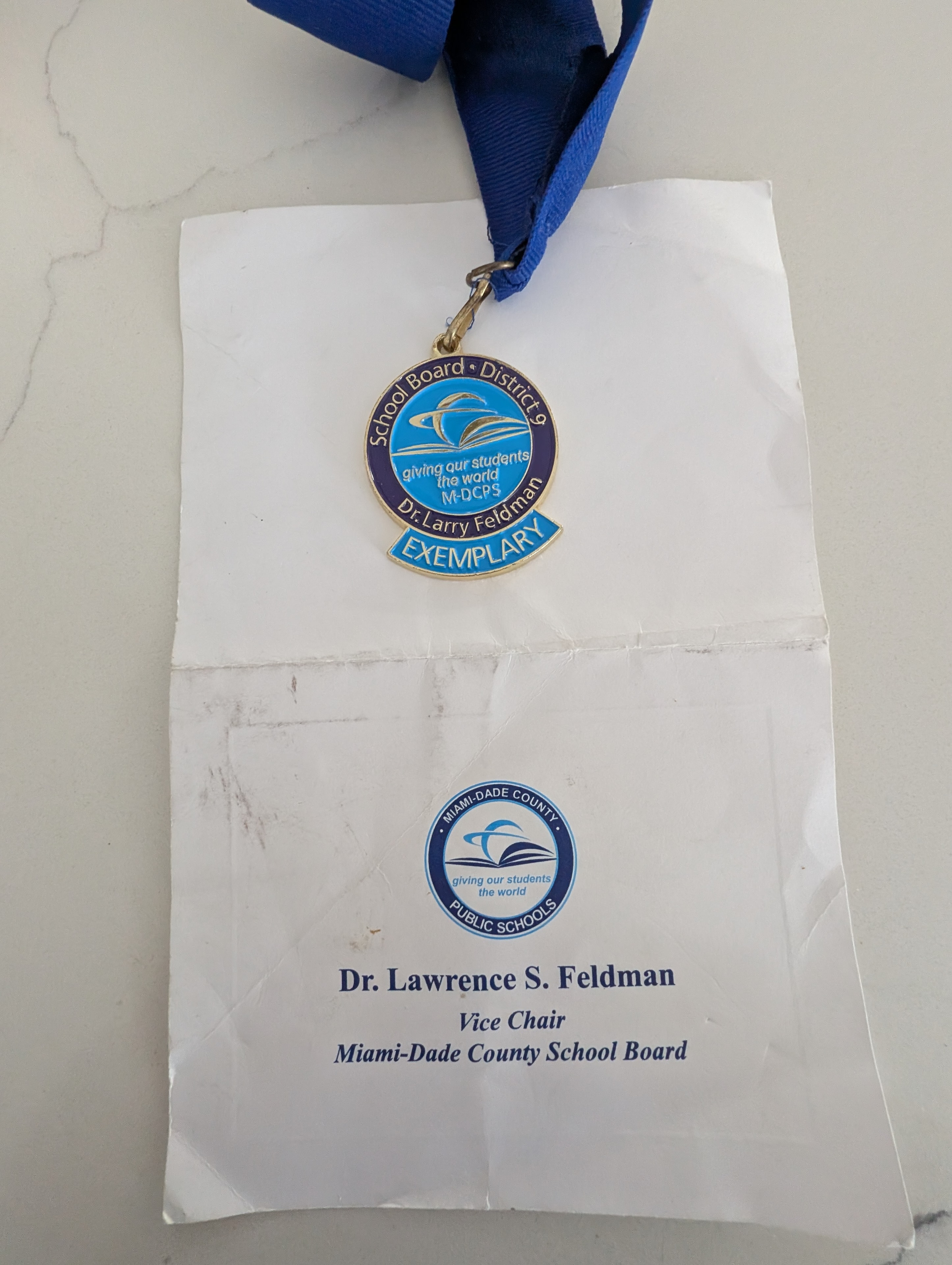 Miami-Dade County School Board Distinguished Exemplary Medal awarded to Juan J. Cordero for his coaching work with Miami Beach Senior High School Varsity Baseball.